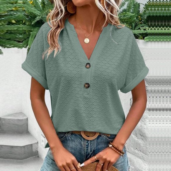 2/$40 Boho Green Button Front Eyelet Short Sleeve Blouse Casual Summer Loose Top - Picture 5 of 5